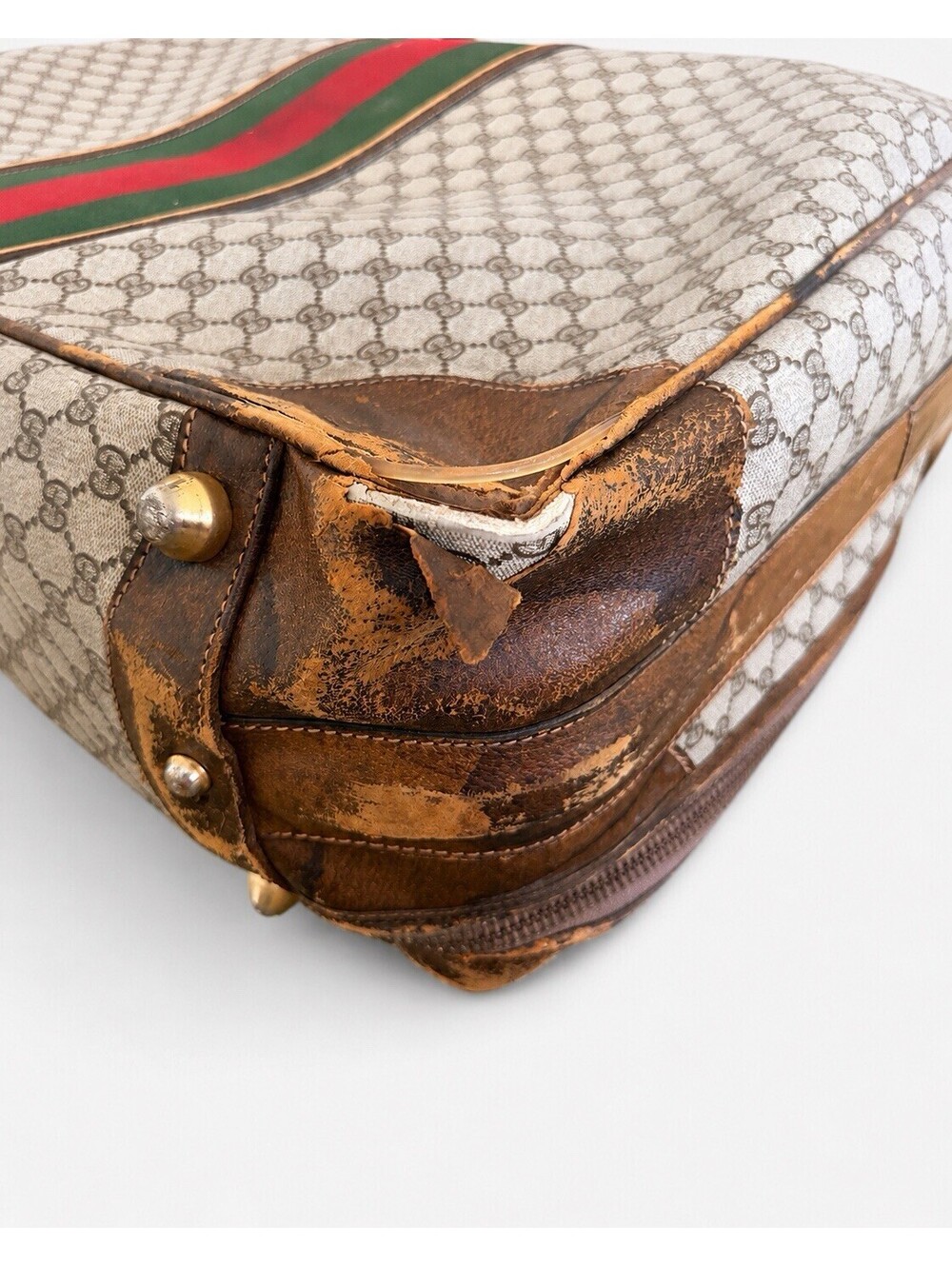 Vintage GUCCI GG Plus Monogram Leather Oversized Web Weekender Bag Suitcase Home - Picture 6 of 8